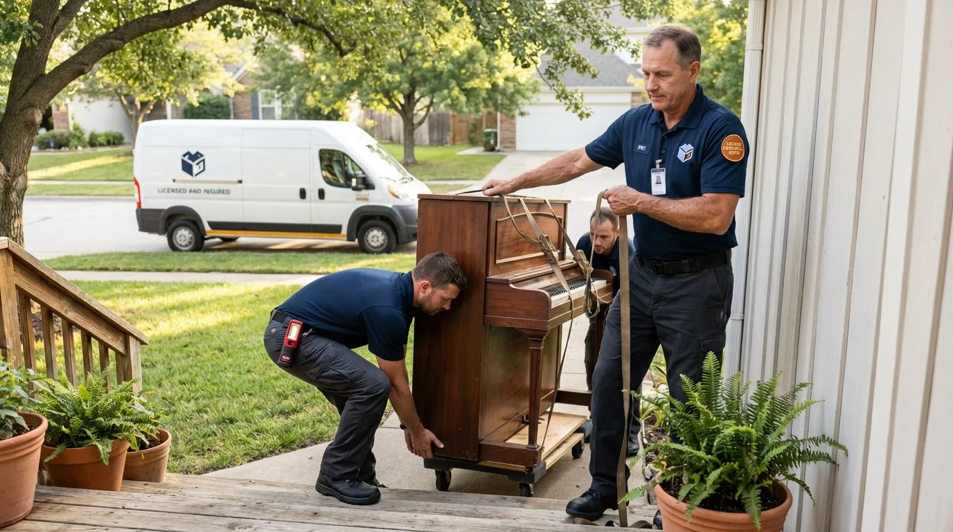 Licensed piano movers securing grand piano in Jamestown, NC