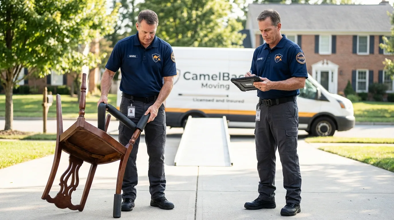 Movers inspecting furniture for damage prevention before loading in Jamestown, NC