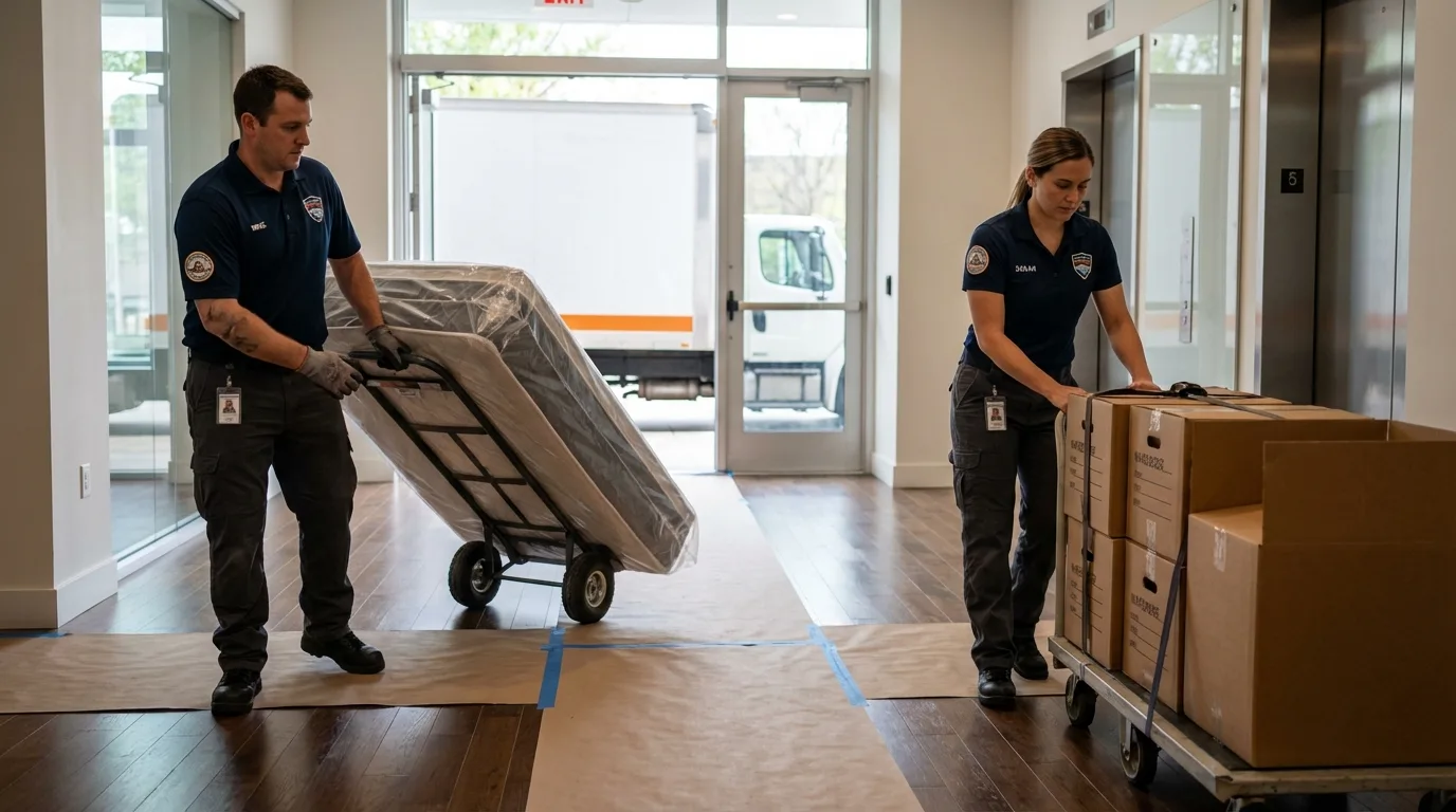 Professional apartment movers loading elevator in Jamestown, NC