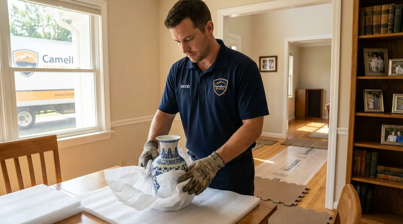Professional crew carefully wrapping antique vase for senior downsizing move in Jamestown, NC